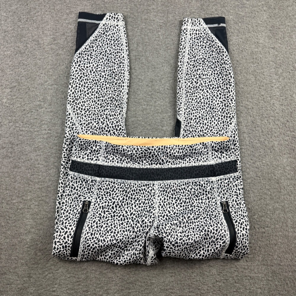 Lululemon Run Inspire Crop II Leggings Black White Crackle Print Mesh Size 6